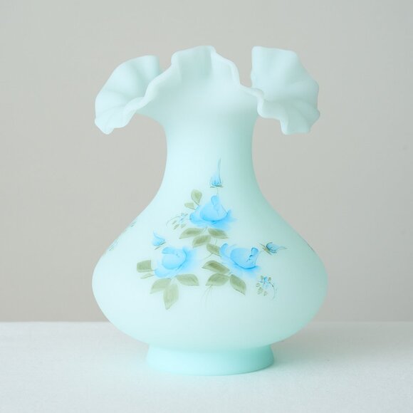 Fenton Other - Vintage FENTON Blue Satin Glass Vase Hand Painted Roses Ruffled Edge Signed